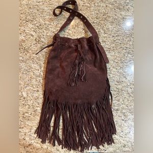 Lucky Brand Brown Espresso Leather Suede Bucket Boho Fringe Bag Purse NWT